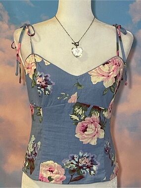 Sweet GAP Dusty Blue w/Pink Cabbage Rose Printed Tie-Shoulder Cami Top